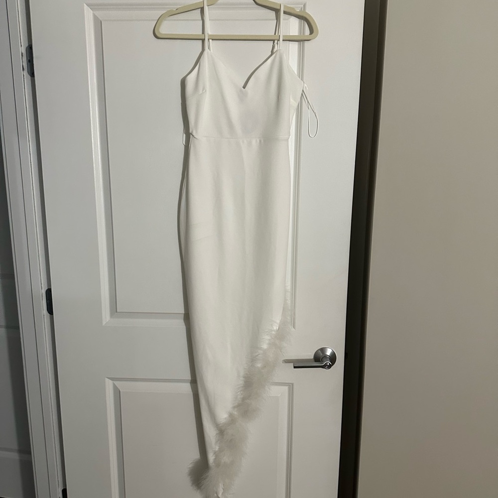 Windsor White Asymmetrical Spaghetti Strap Sheath Dress